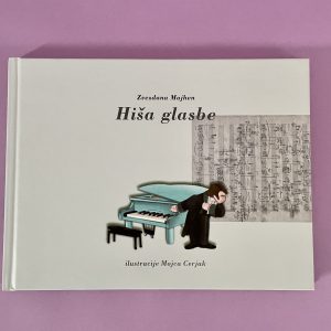 Knjiga "Hiša glasbe - O glasbenikih Ipavcih" leži na rožnati površini, na naslovnici pa je ilustracija moškega, ki se sklanja nad modrim klavirjem, v ozadju pa so notni zapisi.