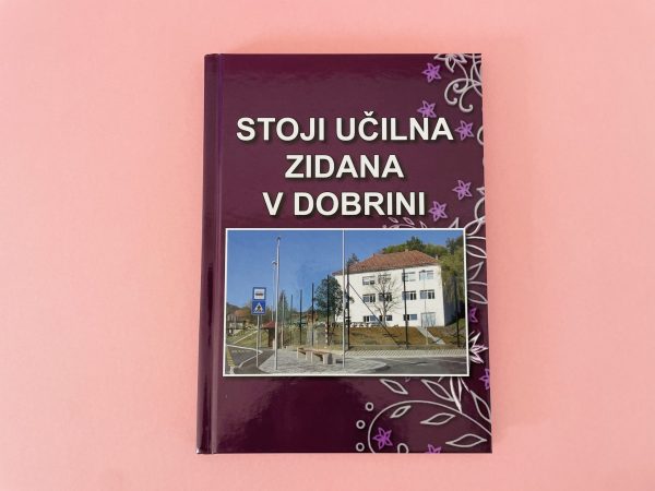 Knjiga z naslovom "Stoji učilna zidana v Dobrini" z bordo ovitkom s fotografijo bele stavbe in cvetličnim okrasjem na rožnati podlagi.